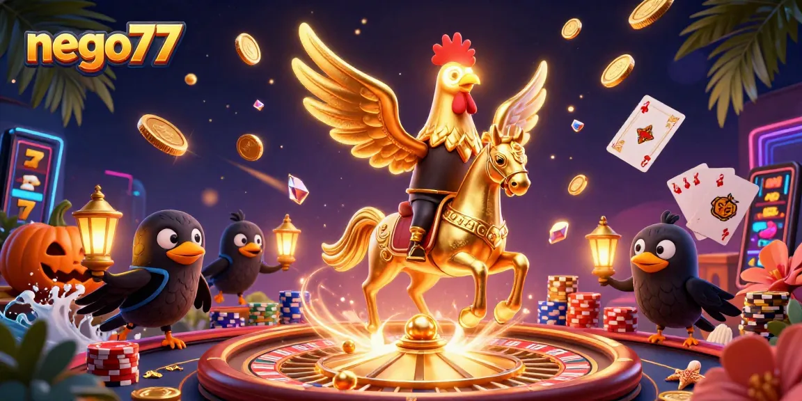 Experience thrilling gameplay at nego77 with a dynamic casino scene featuring a golden rooster and lucky symbols.