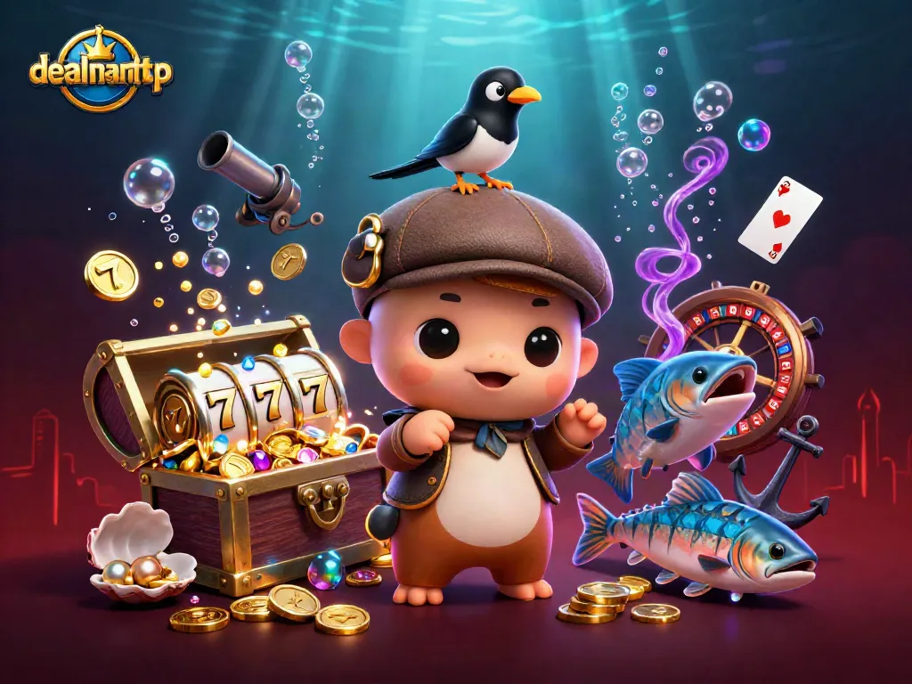 Engage with dealmantap's vibrant casino world featuring lucky symbols and charming characters.