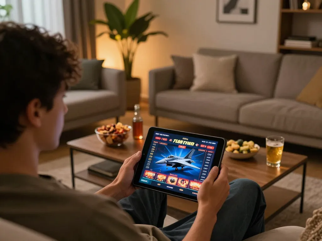 Engaging in online gaming with the f168slot app on a tablet in a cozy home setting