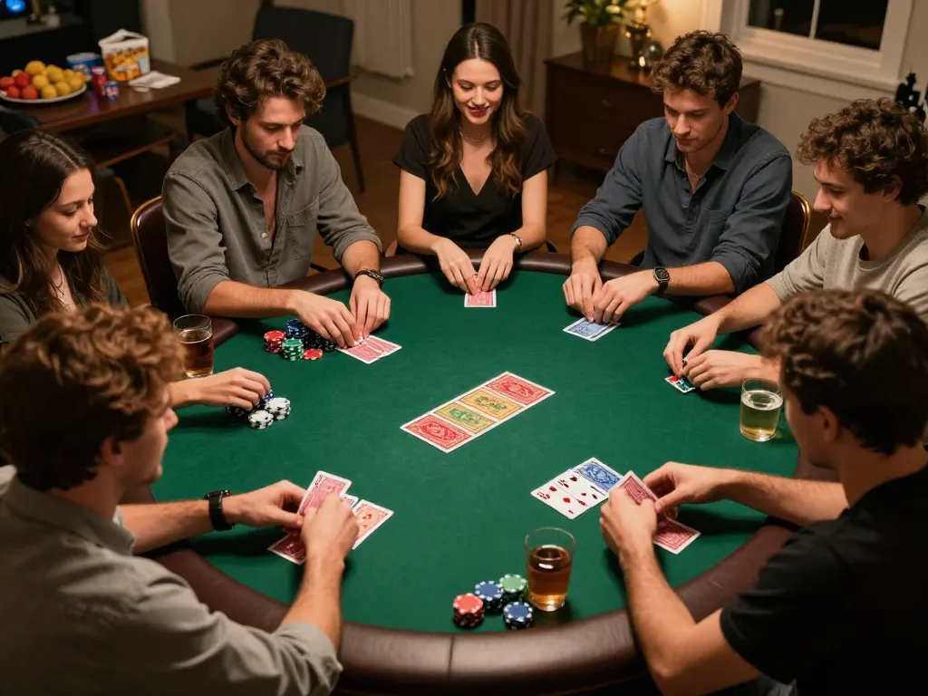 Exciting home poker game night featuring friends engaged in strategic gameplay, showcasing Jilipinas vibes.