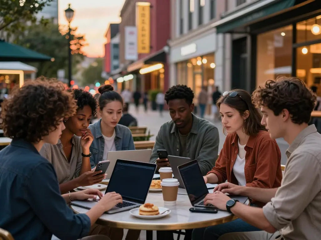 A vibrant urban cafe scene depicting a group engaged in discussions about akunjp activities.