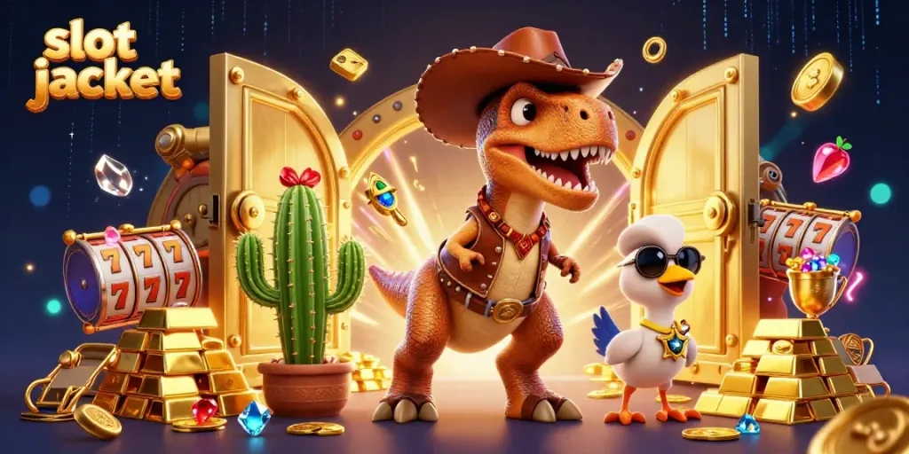 Experience the thrill of winning in this vibrant scene featuring a T-Rex alongside slot jackpot symbols and treasures.