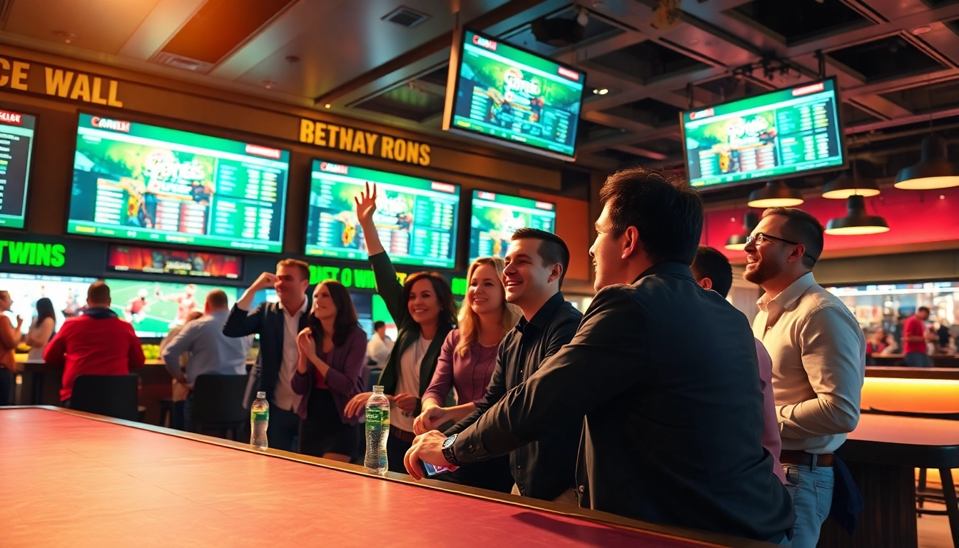 Experience the excitement of Sports Betting with enthusiastic bettors celebrating in a lively sportsbook setting.