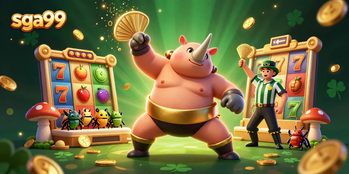 Experience the thrill with sga99 as a sumo champion beetle sends coins flying in this vibrant casino scene.