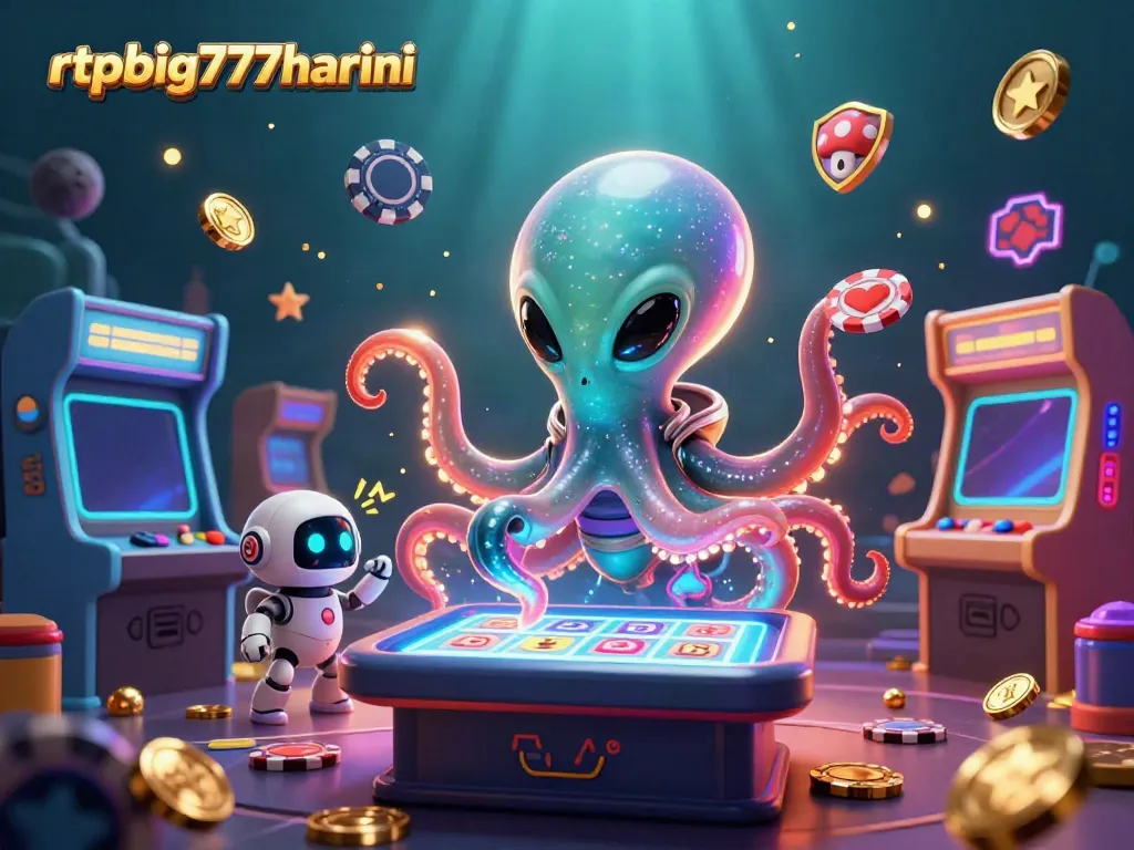 Experience the thrill of gameplay with rtpbig777hariini as an alien octopus runs a glowing slot machine.