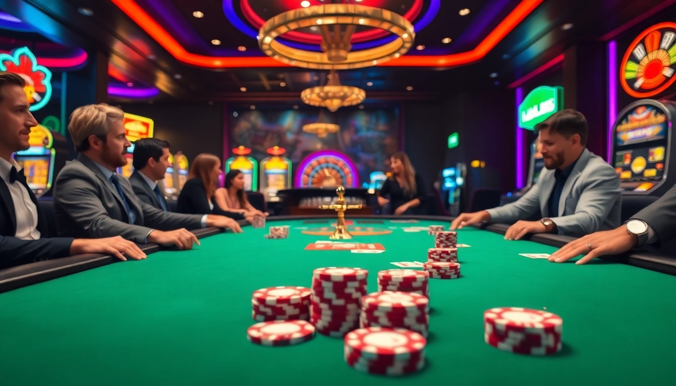 KJC Poker scene with vibrant colors, professional players, and thrilling chips on a modern casino table.
