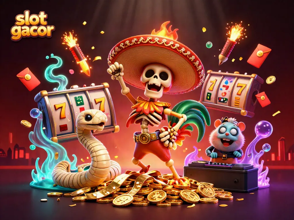 Celebrate a jackpot win with slot gacor characters dancing on golden coins, showcasing lively casino elements.