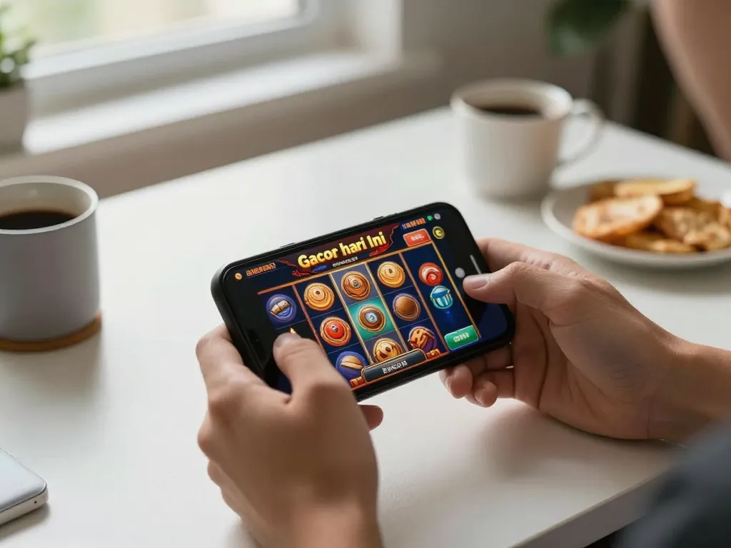 Enjoying slot gacor hari ini on a smartphone during a cozy online gaming session at home.