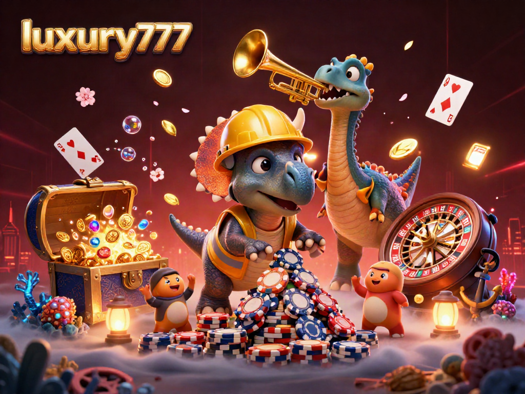 Visualisasi keberuntungan luxury777 dengan karakter dinosaurus dan elemen kasino yang meriah.
