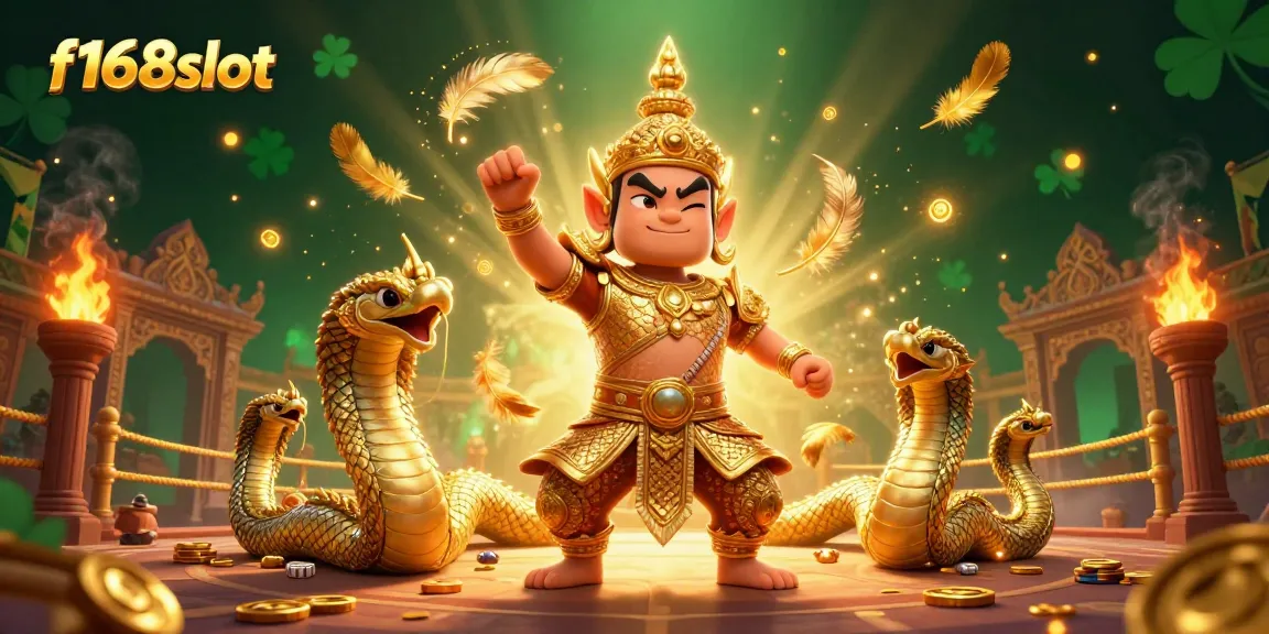 Experience f168slot action with a vibrant scene of Thai guardians and golden Naga amidst casino elements.