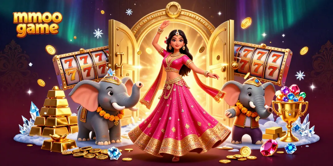 Mmoo game featuring vibrant characters and slot elements amidst a treasure-filled casino atmosphere.