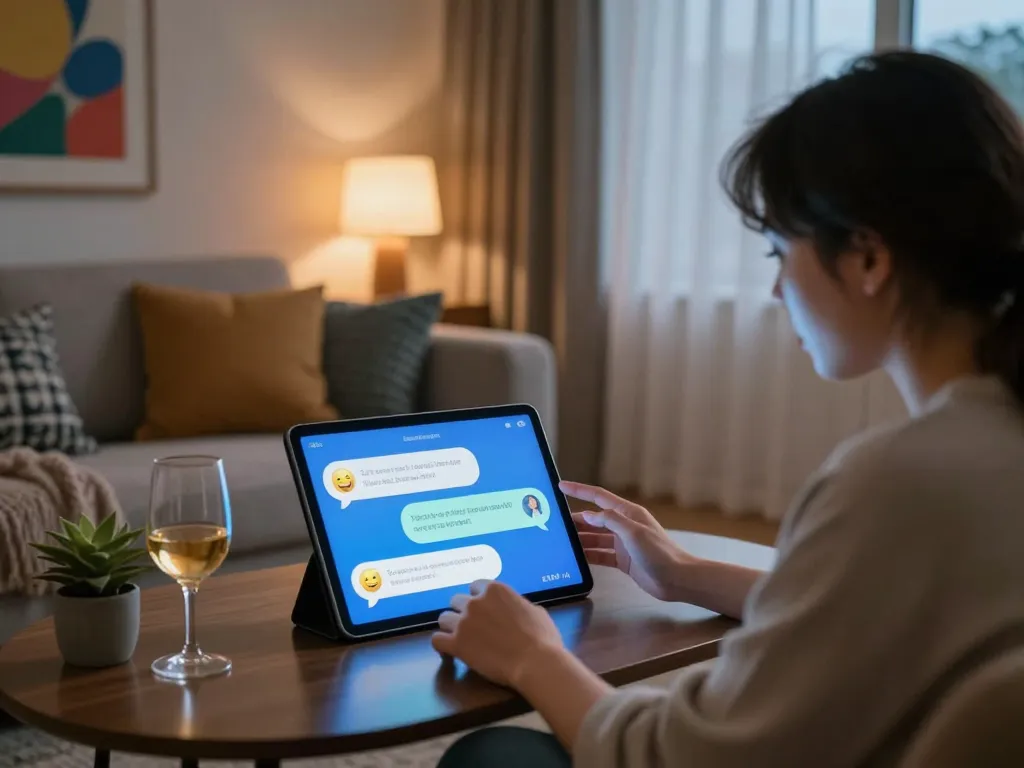 Engaging conversation with an NSFW AI character on a tablet in a stylish living room.