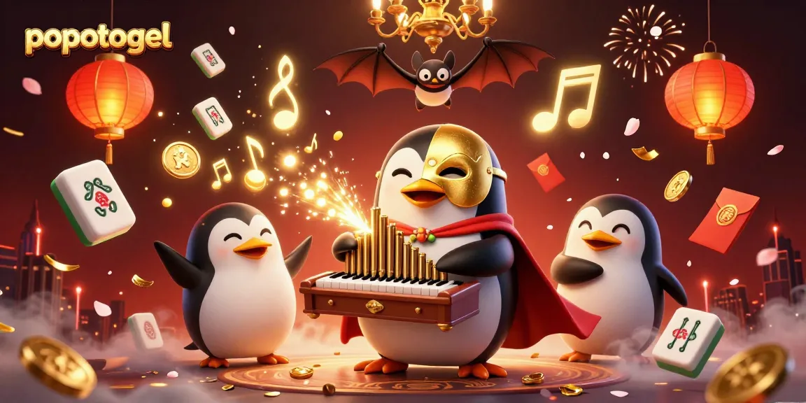 Engage with popotogel's thrilling 3D illustration, featuring penguins, golden coins, and festive decorations.