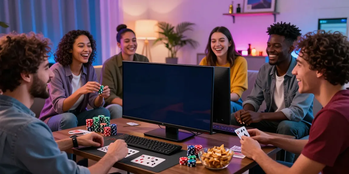 Skupina přátel se baví hraním nejlepšího online casina v útulném obývacím pokoji.