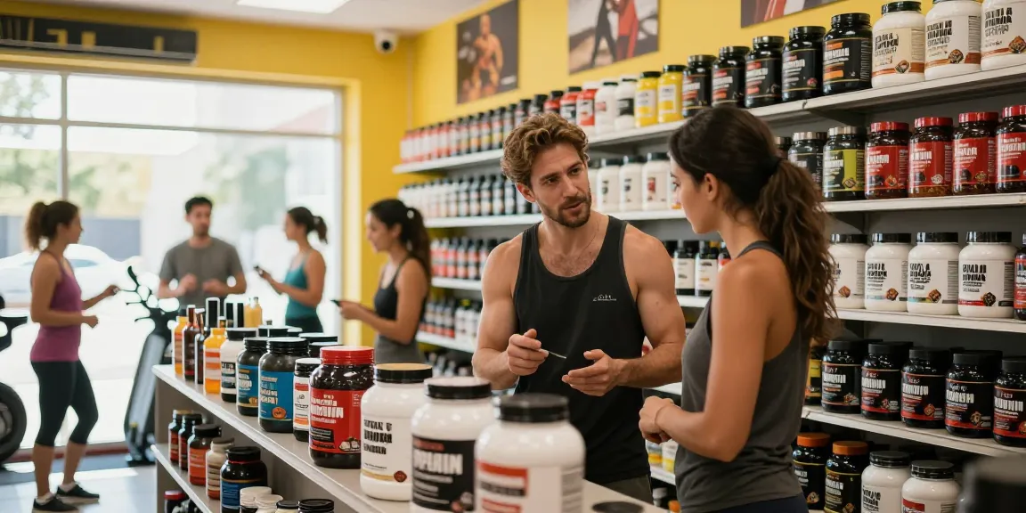 Shopping at the Official Prime Pharma Steroid Shop with expert advice on performance supplements in a lively fitness store