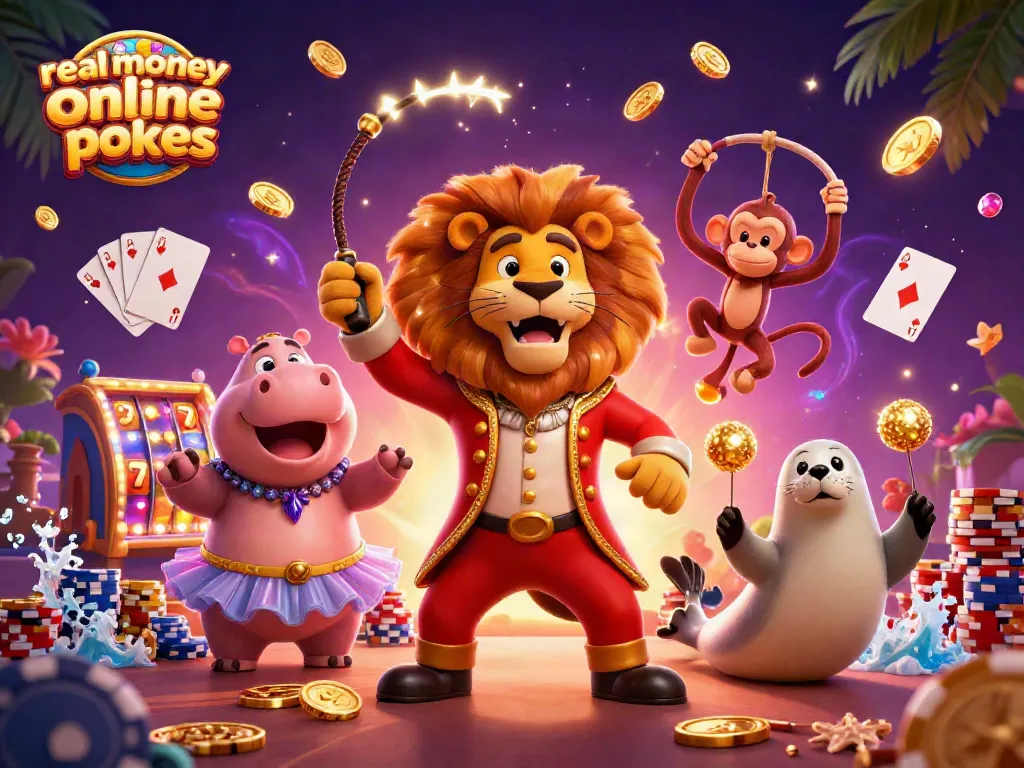 Engage with real money online pokies through an exciting circus-themed casino illustration.