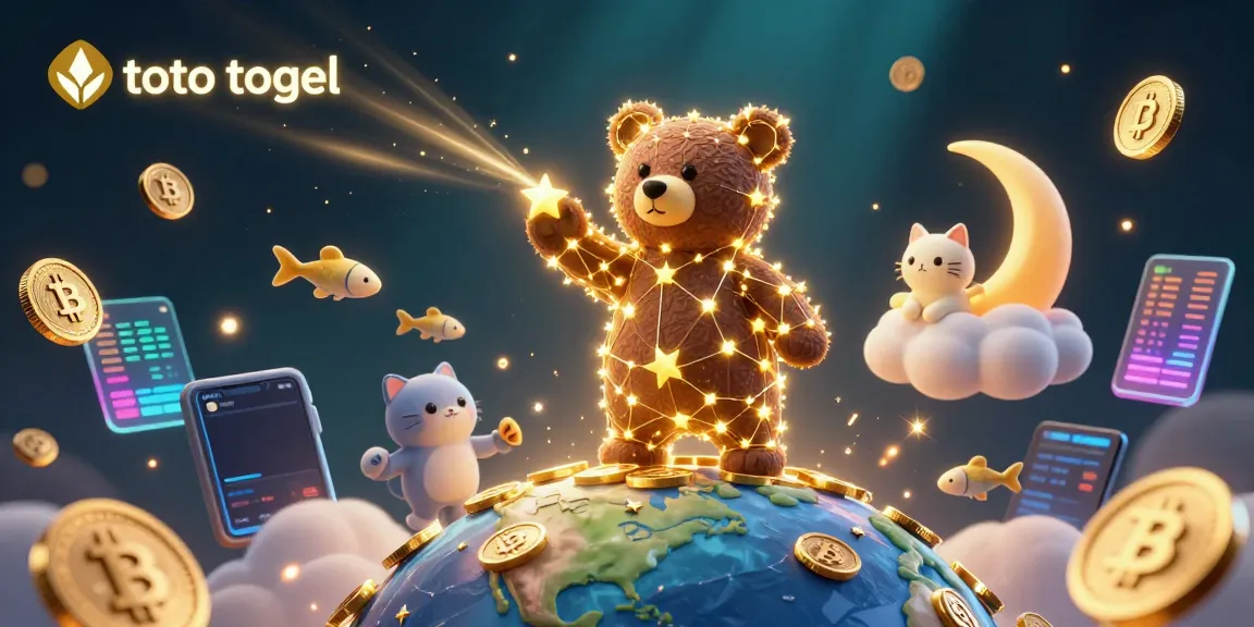 Engage in exciting toto togel gameplay as golden-star bears scoop coins, surrounded by vibrant crypto elements.