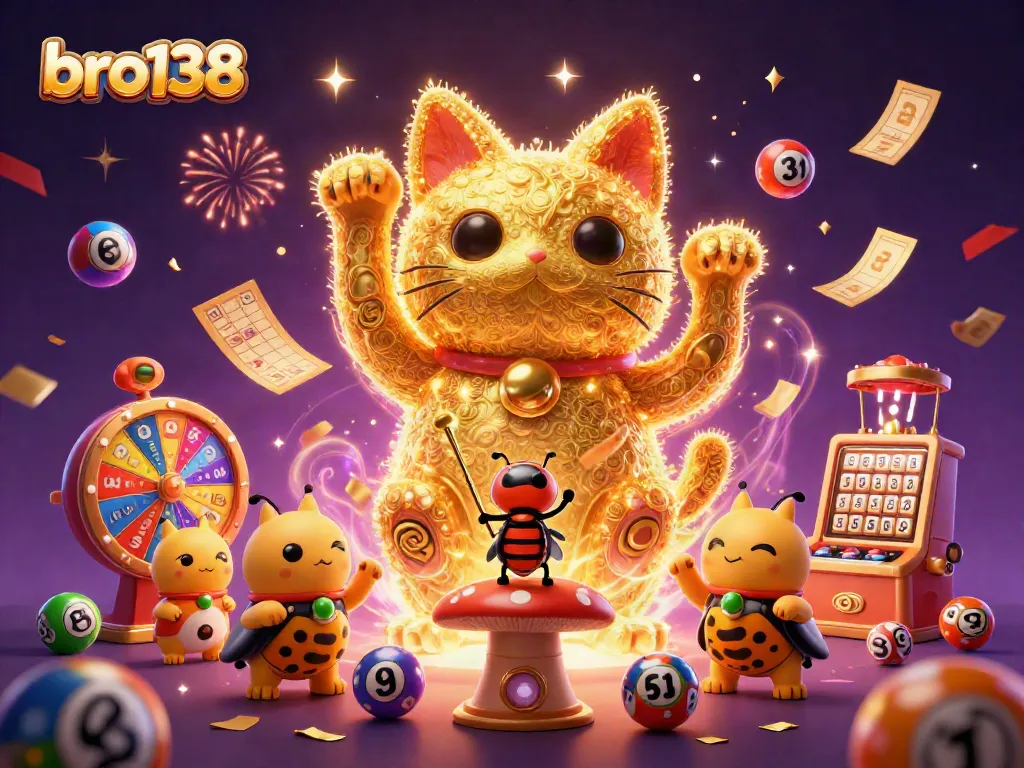 Engage with bro138's dynamic casino experience featuring a lucky cat, vibrant game elements, and magical energy.