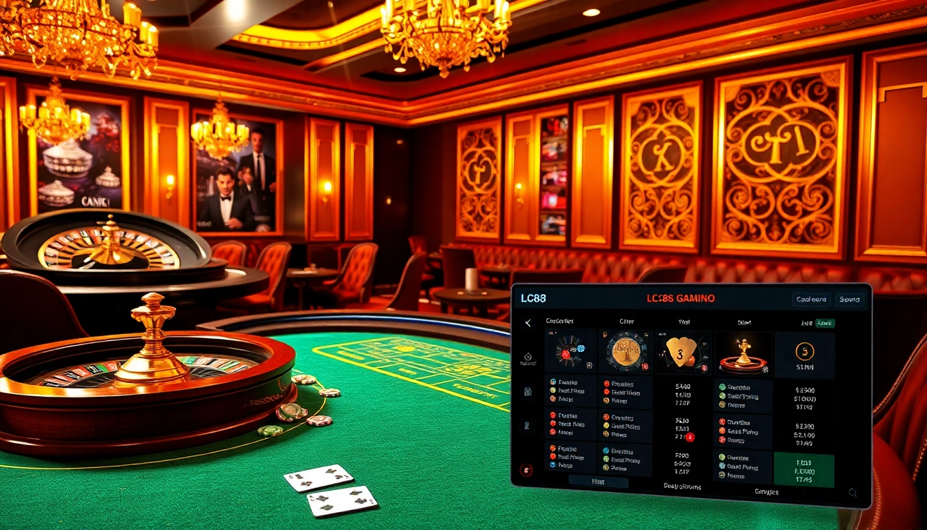 Engaging casino atmosphere at LC88 with vibrant tables, roulette wheel, and online betting interface.
