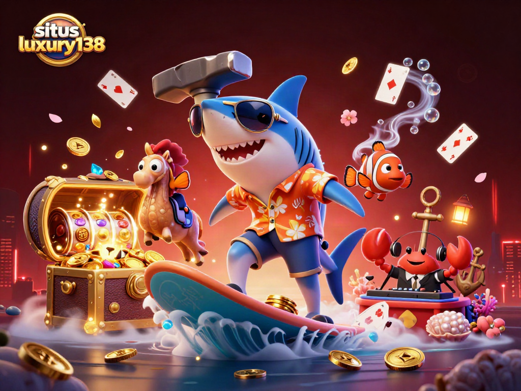 Situs luxury138 menghadirkan ilustrasi kasino 3D dengan hiu dan karakter lucu, penuh dengan efek gemerlap.