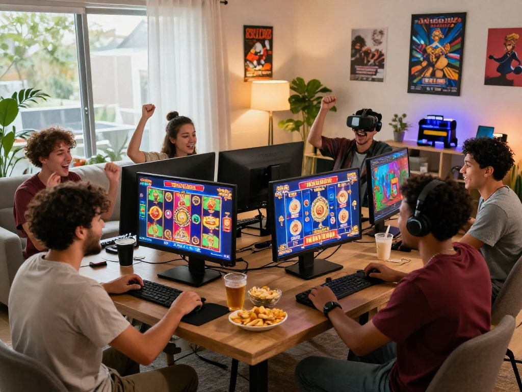 Players having fun on USA slot sites in a cozy home setting, engaging with colorful online casino games.