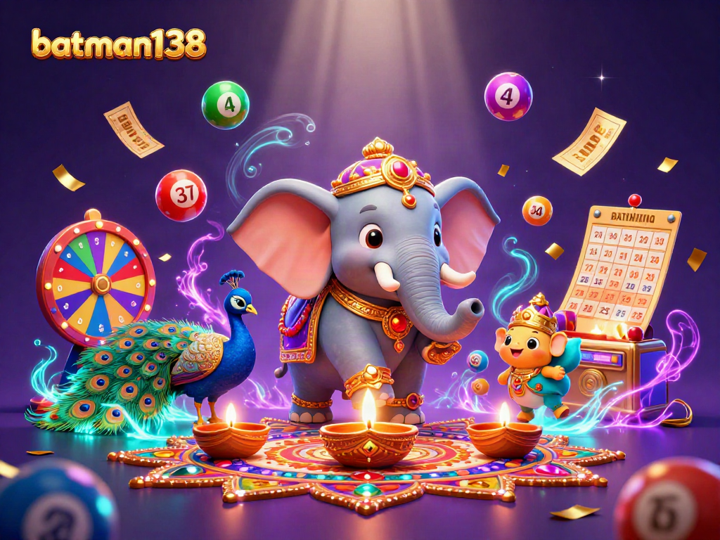 Experience winning at batman138 with vibrant lottery balls, dynamic prize wheels, and a festive elephant.