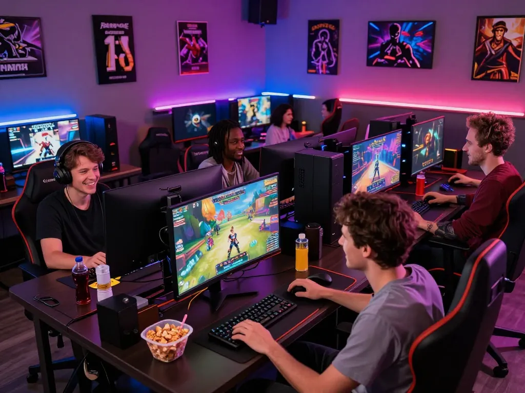 Group of gamers enjoying a porngame experience in a lively gaming lounge