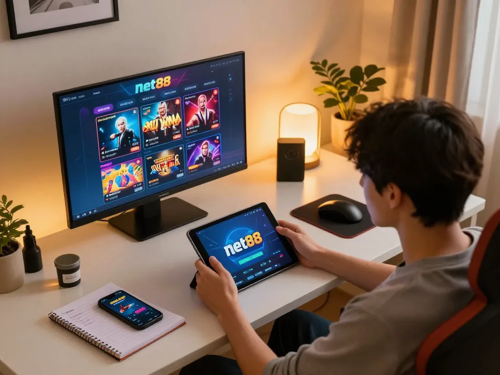 Player enjoys thrilling net88 online casino games on tablet at home