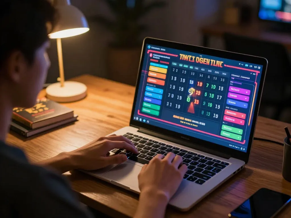 Terlibat dalam taruhan toto togel di laptop, menampilkan antarmuka permainan yang menarik dan pengaturan yang nyaman.