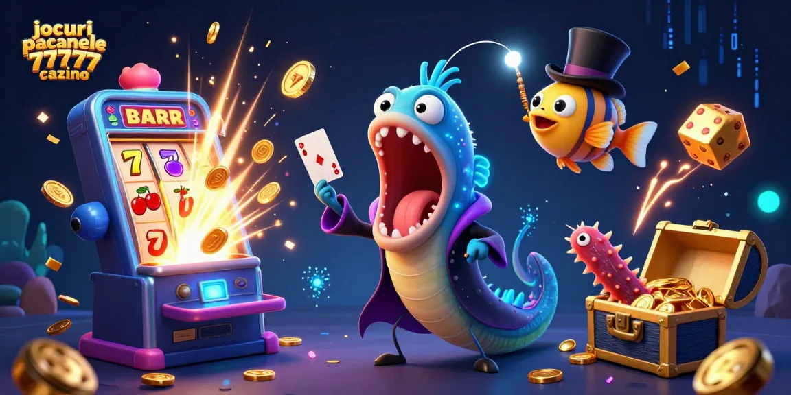 Joacă jocuri pacanele 77777 cazino și bucură-te de o ilustrație vibrantă cu păcănele și personaje subacvatice.