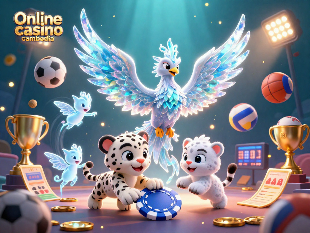 Engaging scene featuring an ice phoenix and snow leopard cub in an Online casino cambodia setting, vibrant and lively.