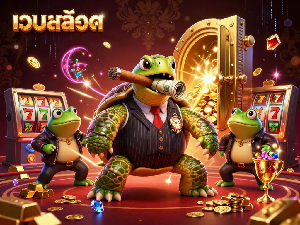 Engaging casino illustration showcasing เว็บสล็อต with a vintage-themed turtle and gem-filled treasures.