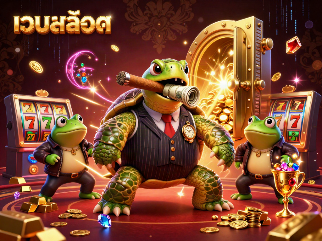Engaging casino illustration showcasing เว็บสล็อต with a vintage-themed turtle and gem-filled treasures.
