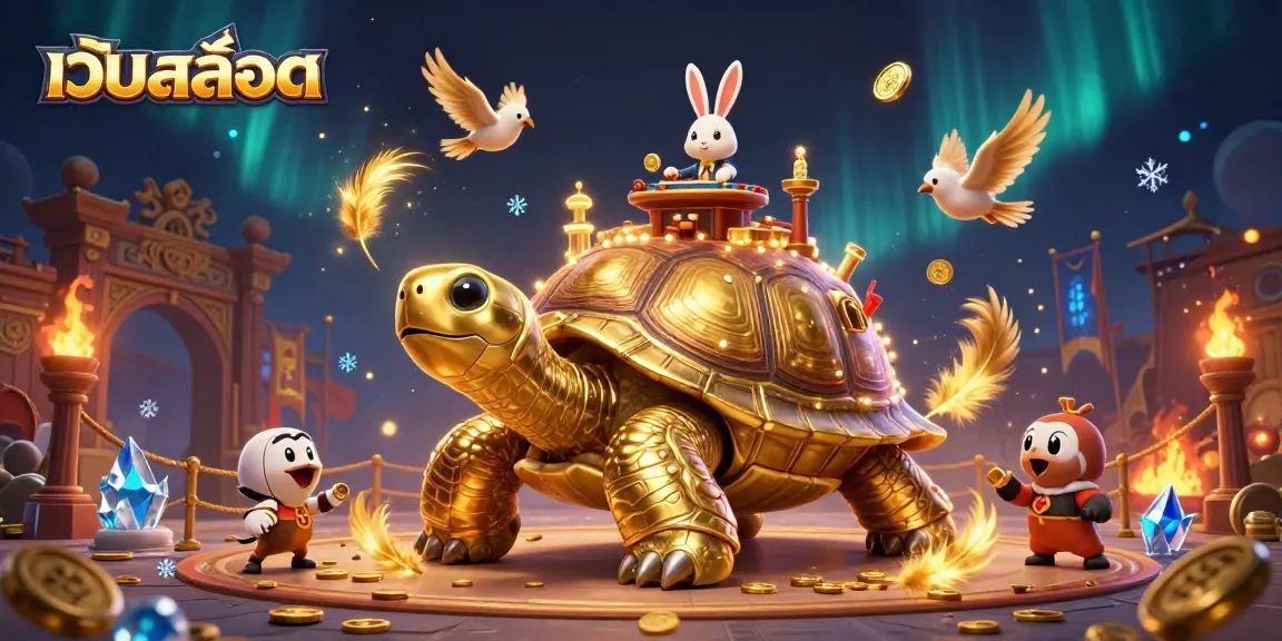 Spin and win at เว็บสล็อต with a magical scene featuring a golden tortoise casino and coins flying!