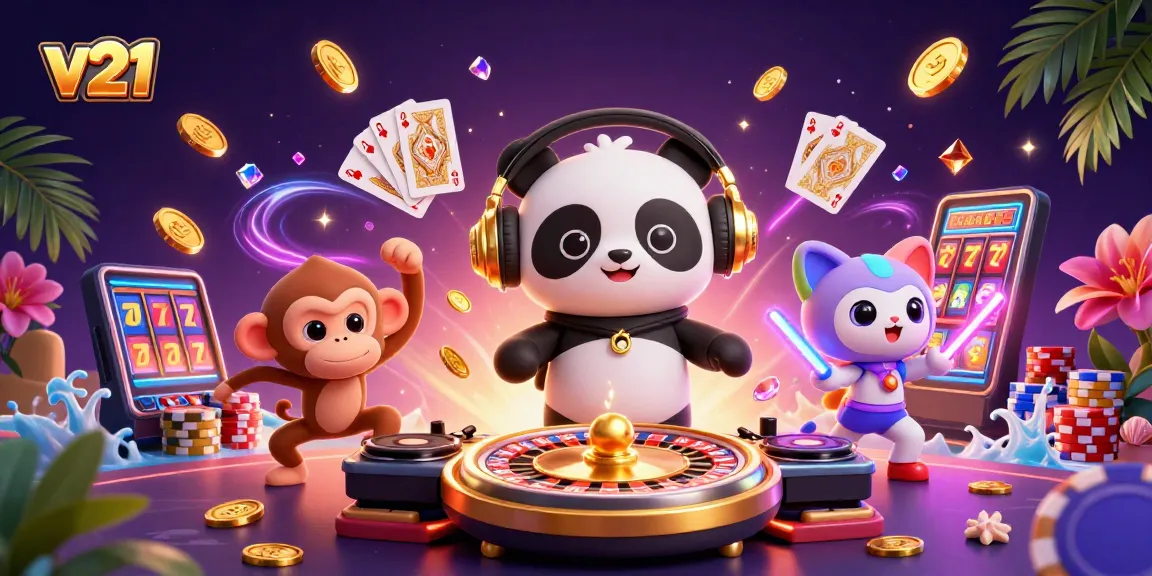 v21 memberikan pengalaman bermain kasino lebih seru dengan gambar DJ panda, kucing bersinar, dan koin emas menciptakan suasana meriah.