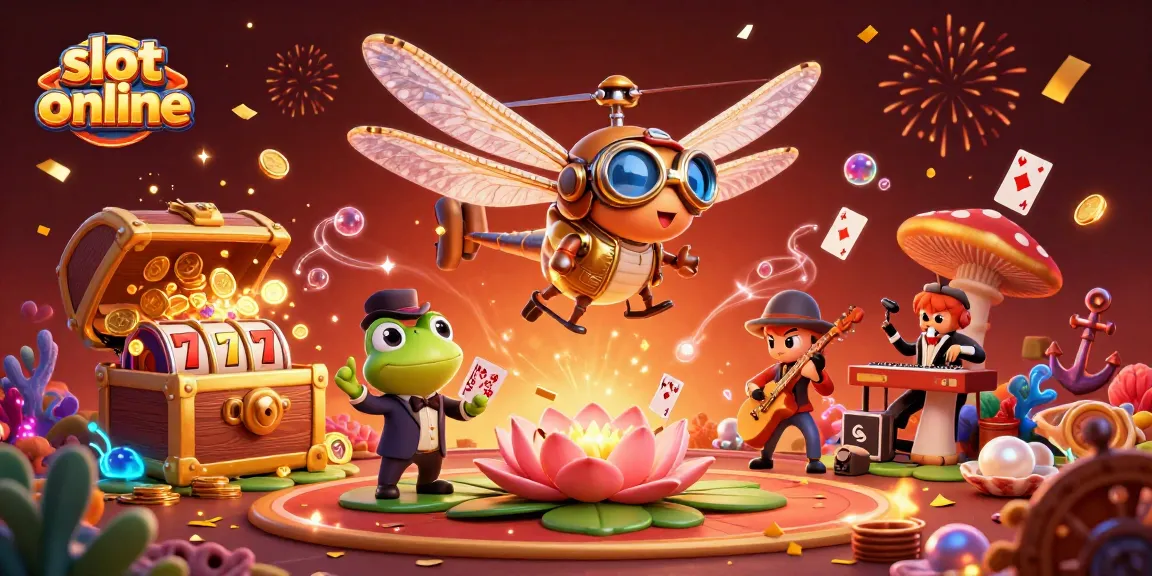 Engage with slot online excitement in this rich 3D illustration showcasing vibrant casino elements and characters.
