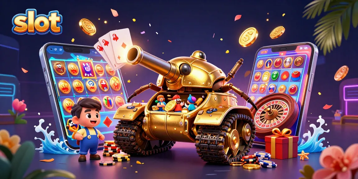 Slot yang menarik dengan tank kasino dan smartphone menunjukkan permainan slot