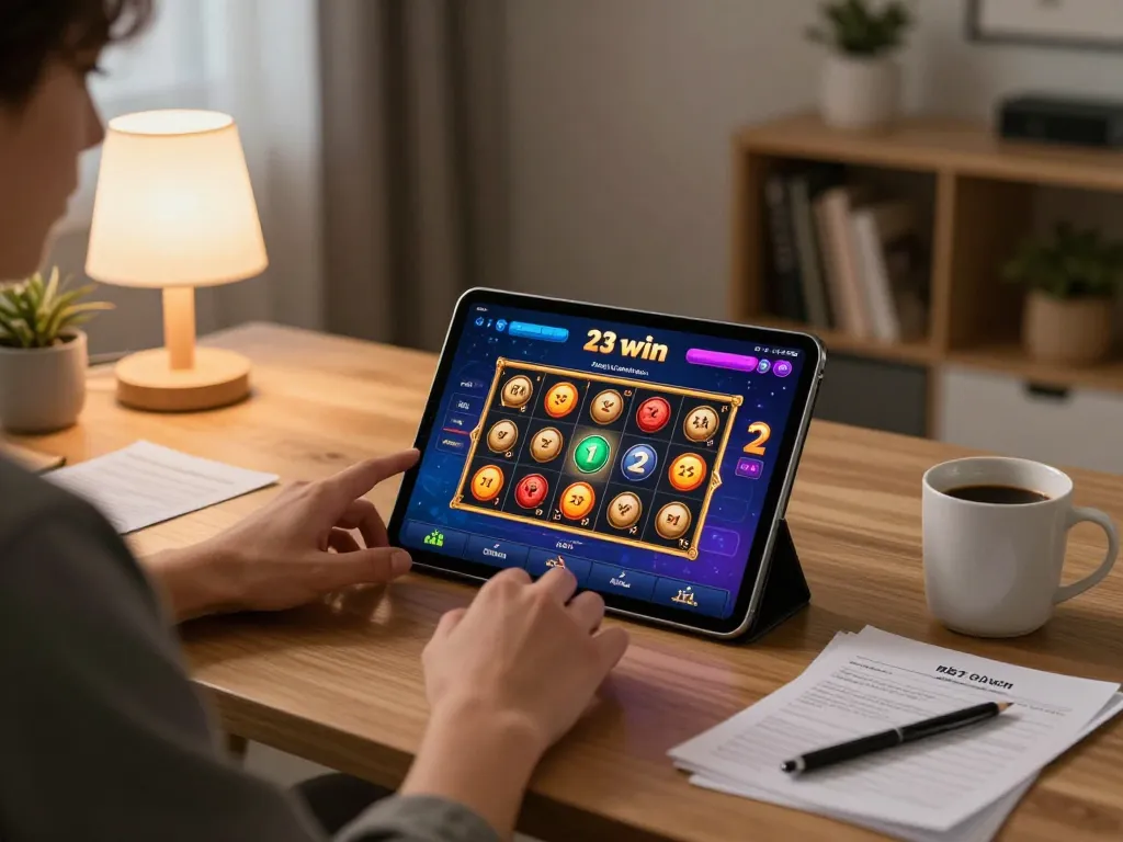 Engaging moment of a player on the 23 win app winning on an online slot game, showcasing a cozy gaming atmosphere.