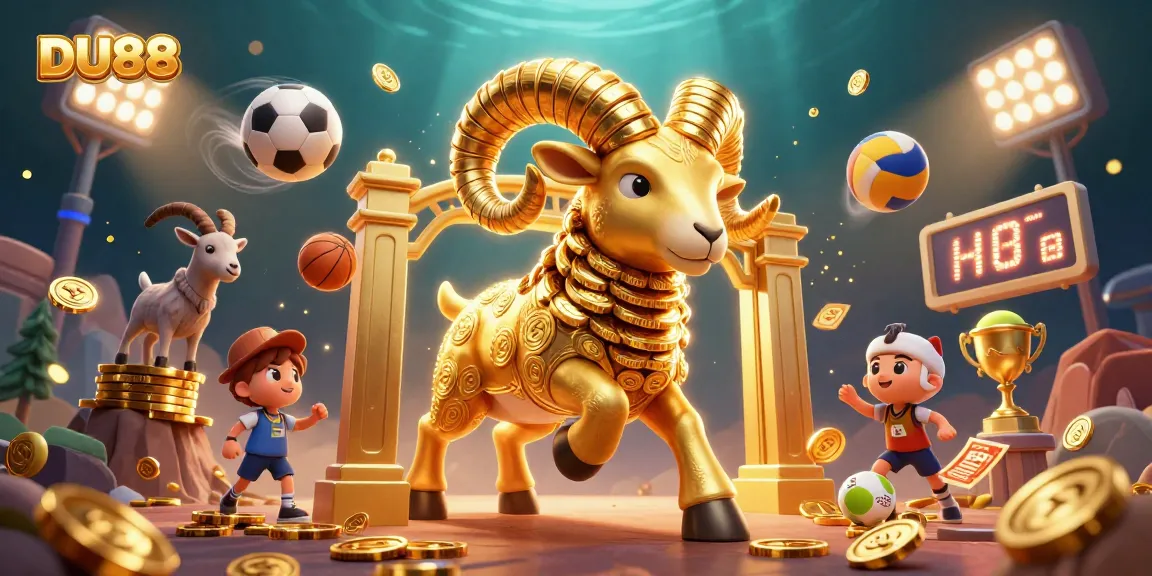 Experience excitement at DU88 with golden ram charging at a casino, surrounded by dynamic sports elements.