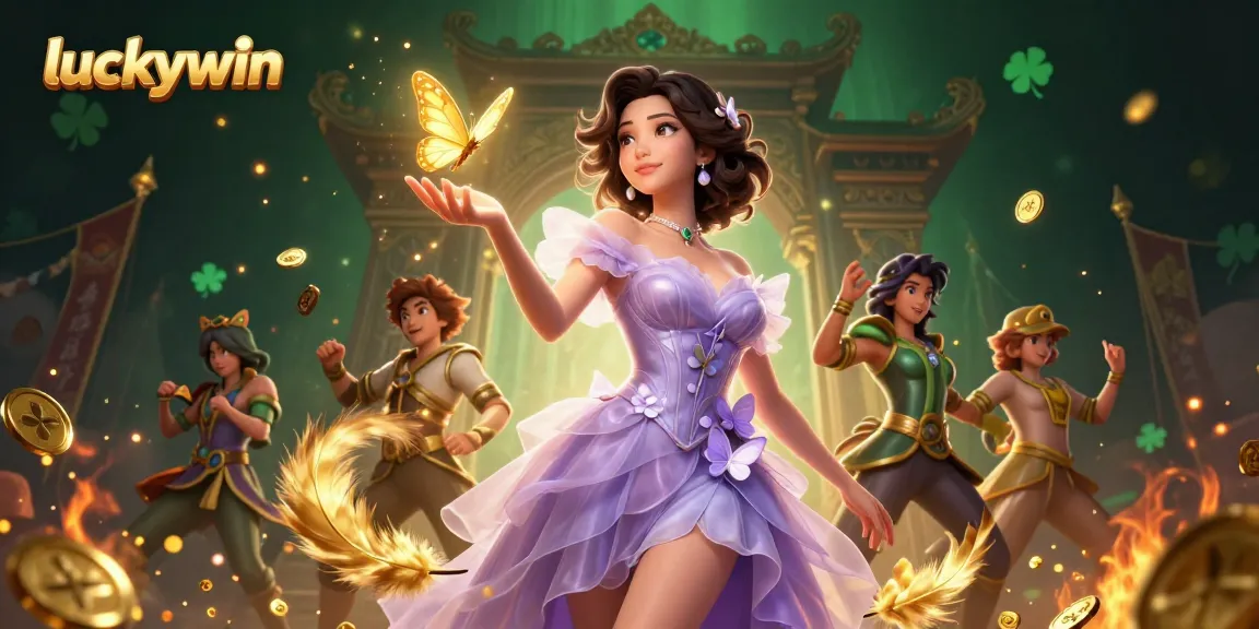 Engage with Luckywin's vibrant online casino, featuring an enchanting Asian woman amidst golden gambling elements.