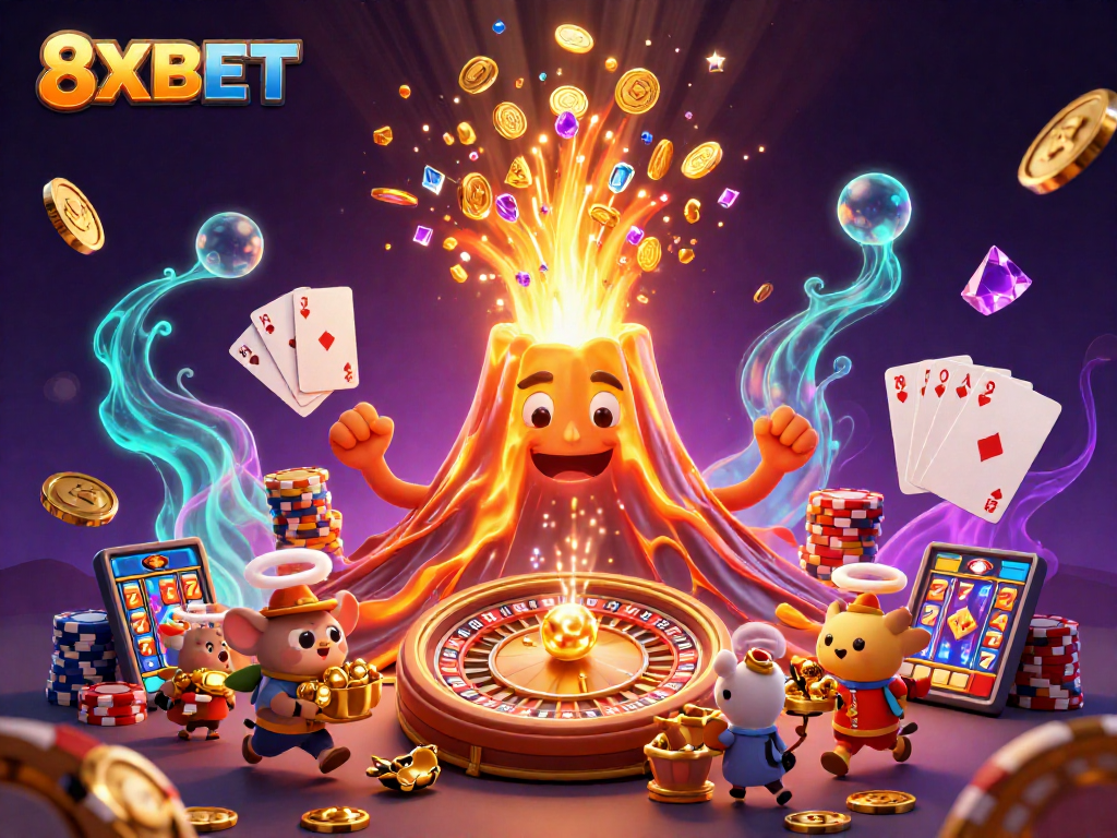 Experience thrilling wins with 8XBET as the golden volcano erupts with treasures and casino elements.