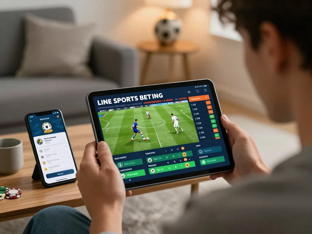 Engaged player analyzing tylebongda odds on tablet for sports betting, illustrating strategic decision-making in a cozy home environment.