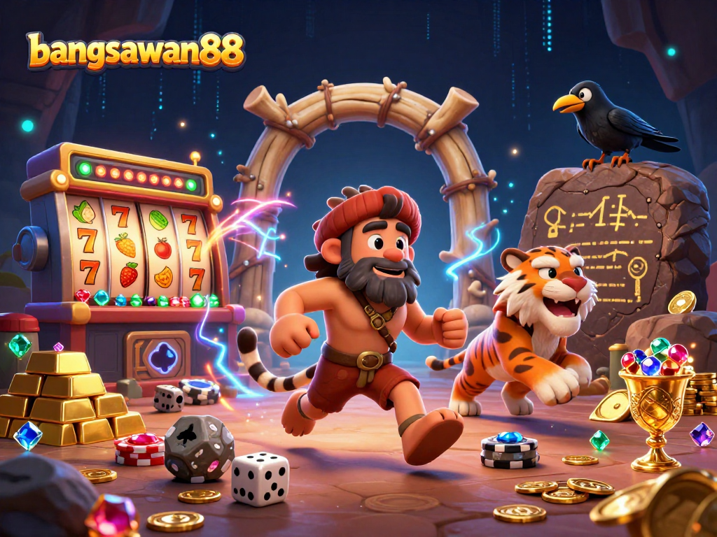 Experience the excitement of bangsawan88 with a caveman casino scene featuring dynamic slot reels and treasure.