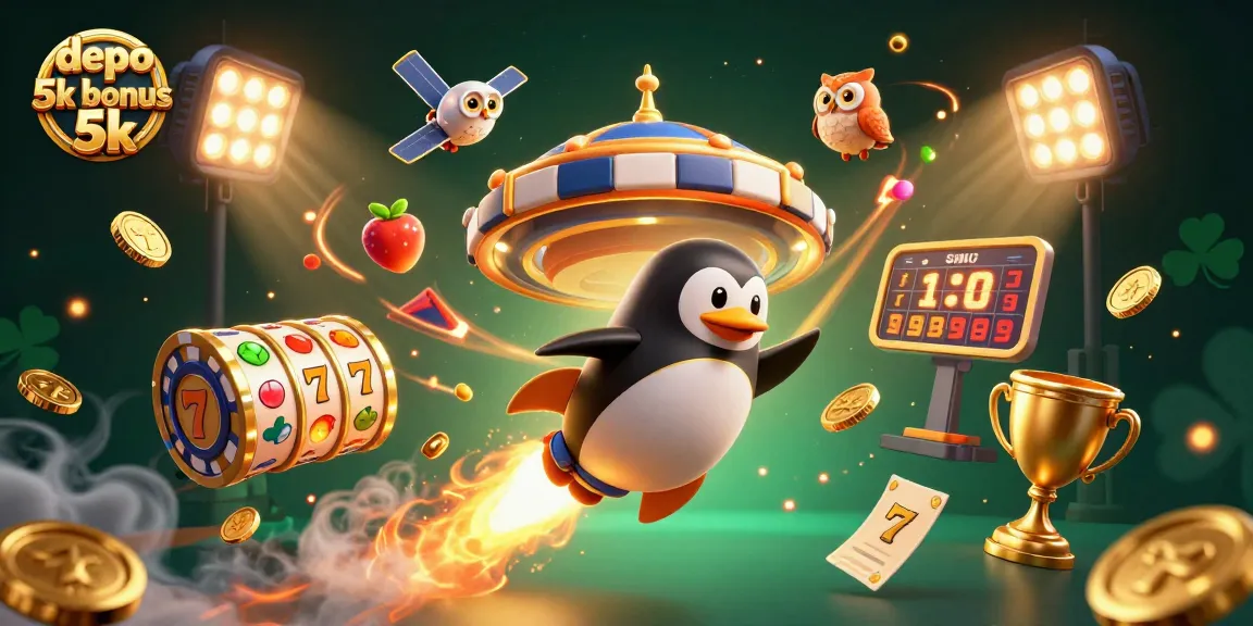 Experience the thrill of depo 5k bonus 5k with a golden penguin in a vibrant casino scene!