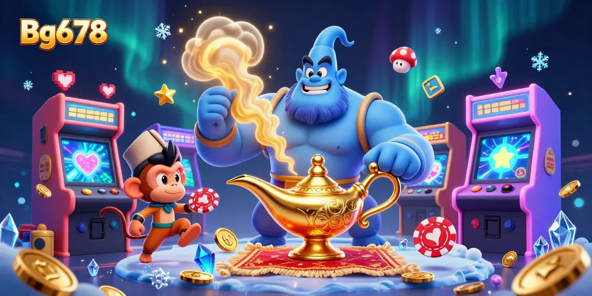 Experience thrilling gameplay at Bg678 with a dynamic scene of a genie emerging from a lamp among casino elements.