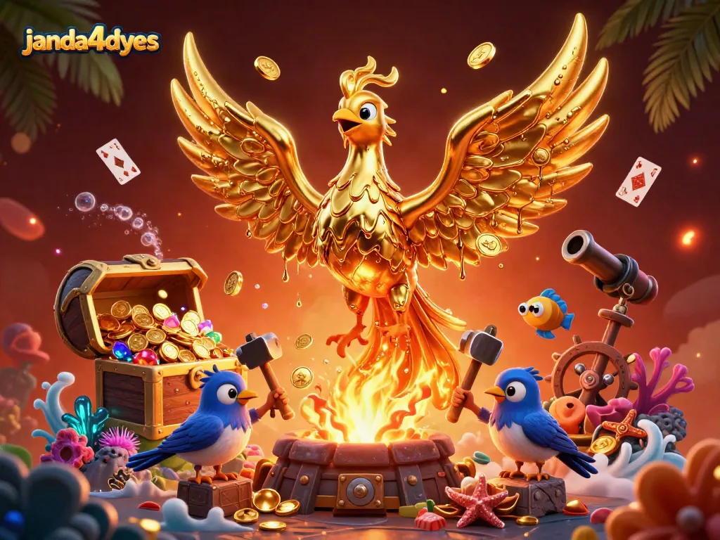Janda4dyes menghadirkan phoenix emas dengan koin mengalir, memancarkan kesenangan berjudi.