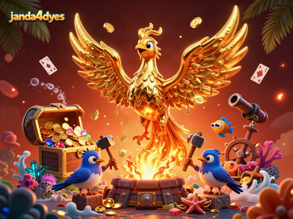 Janda4dyes menghadirkan phoenix emas dengan koin mengalir, memancarkan kesenangan berjudi.