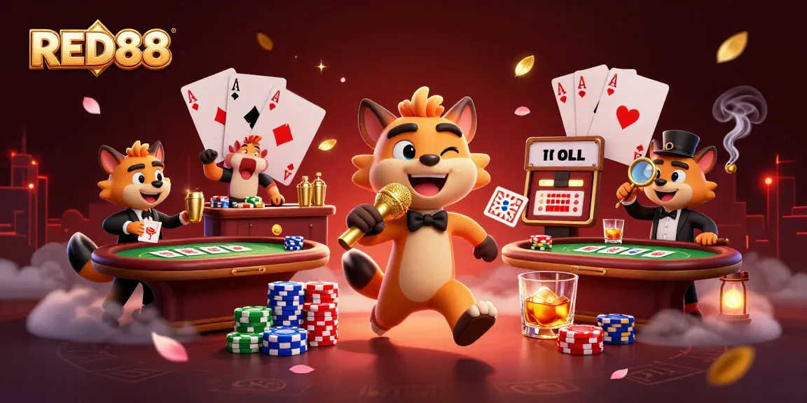 Hyenas entertain at RED88 casino club with vibrant elements of poker and drinks.