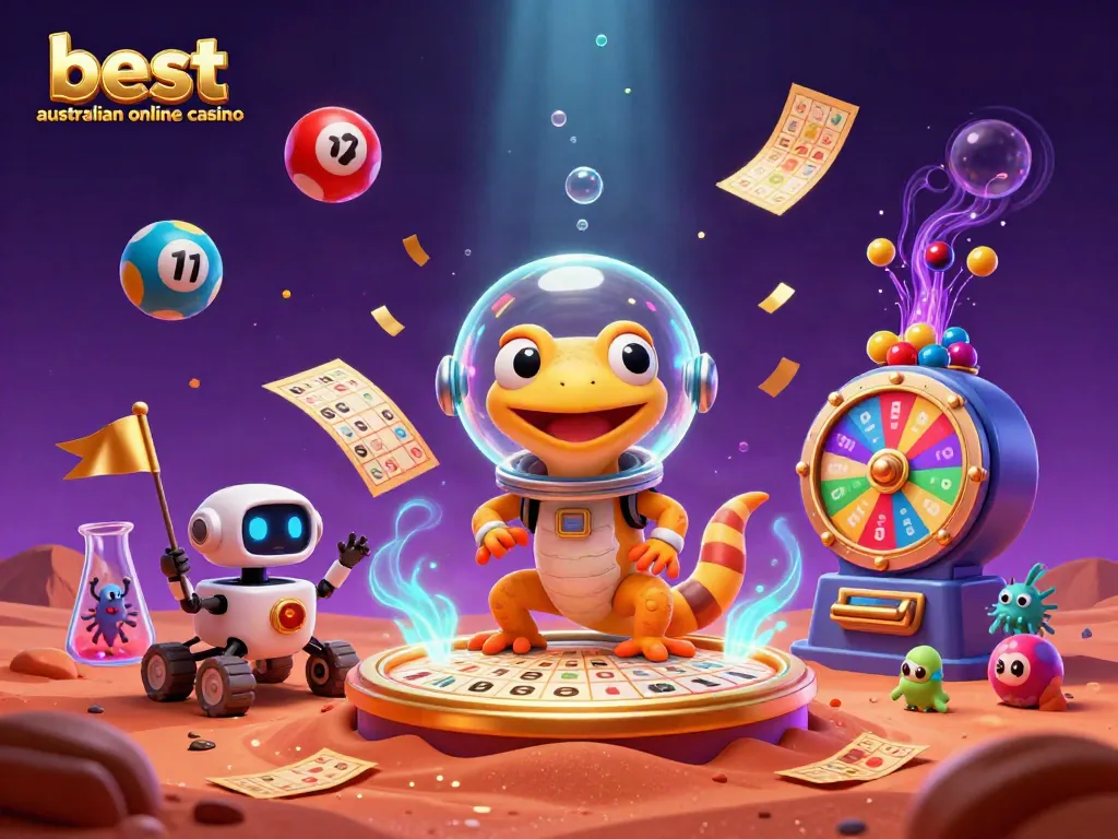 Engaging scene showcasing the best australian online casino with a Martian gecko and golden casino elements.