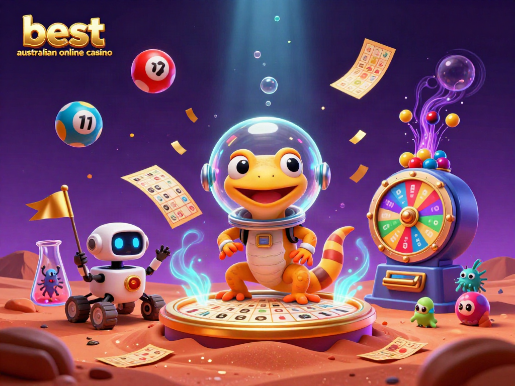 Engaging scene showcasing the best australian online casino with a Martian gecko and golden casino elements.